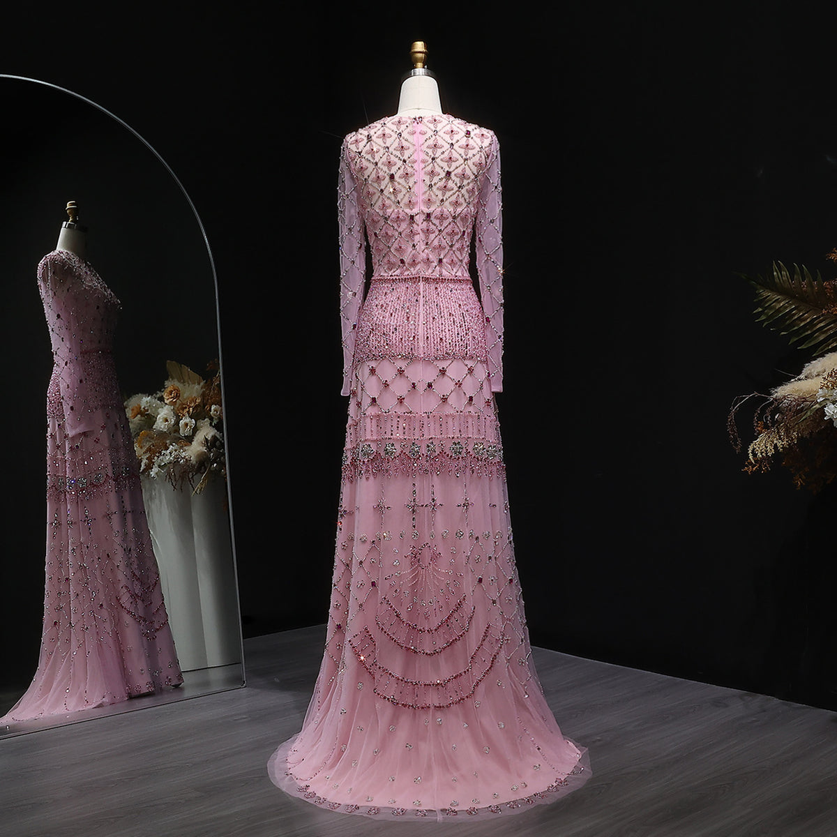 Luxury Pink Crystal Beaded Long Sleeve Embroidered Evening Dress SS220 
