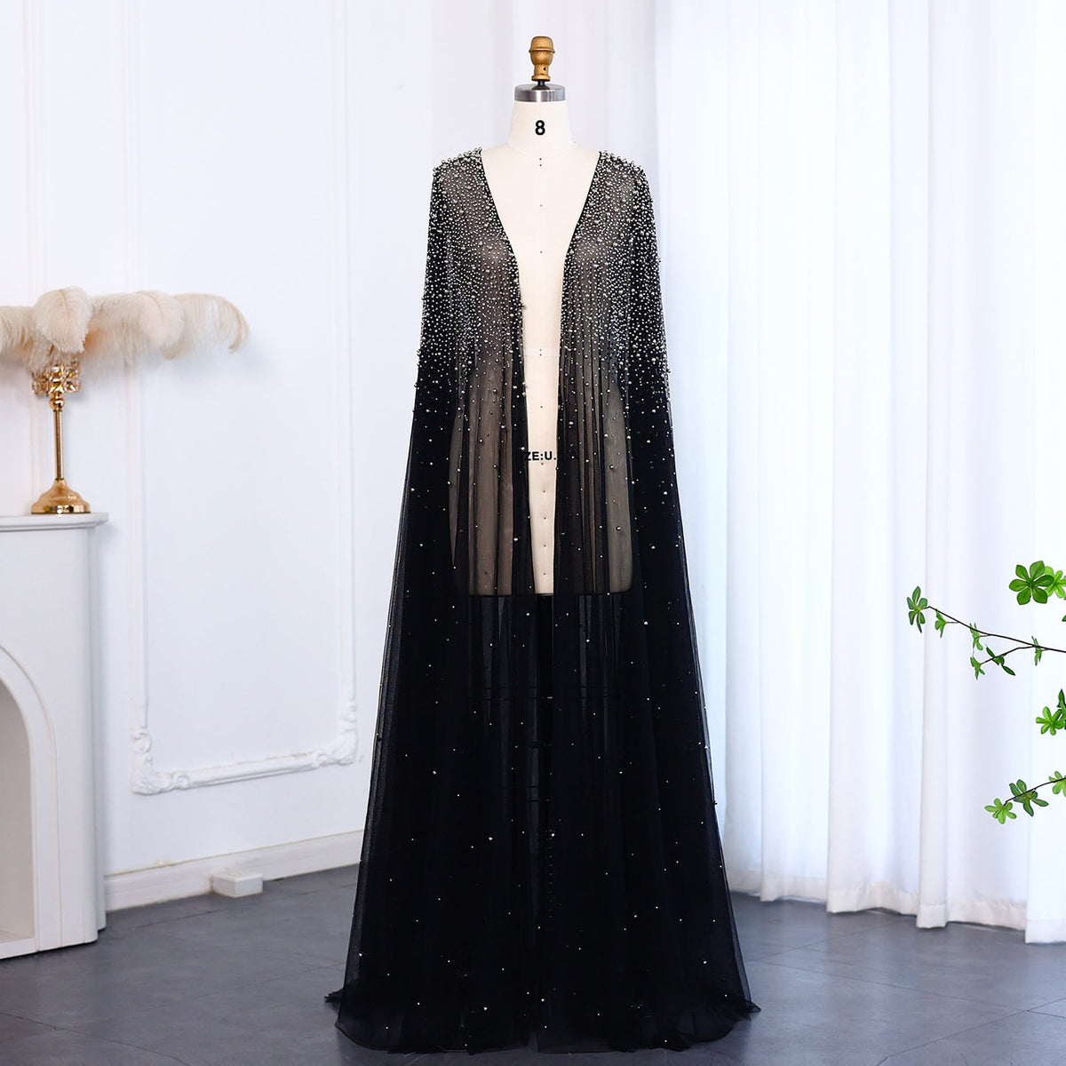 Elegant Black Beaded Long Cape Evening Dress SF082 