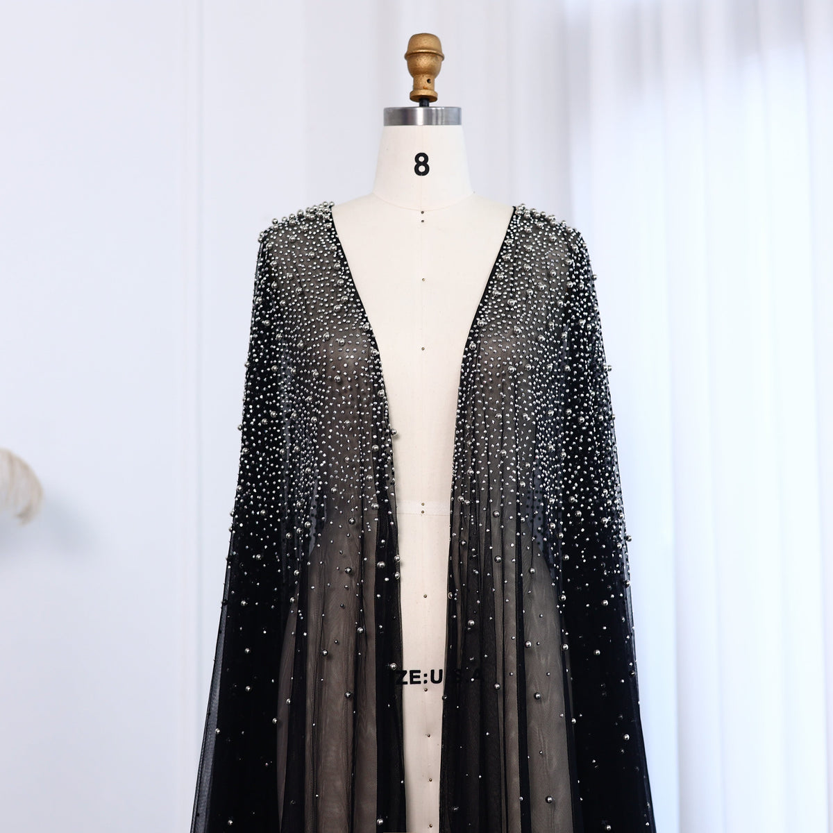 Elegant Black Beaded Long Cape Evening Dress SF082 