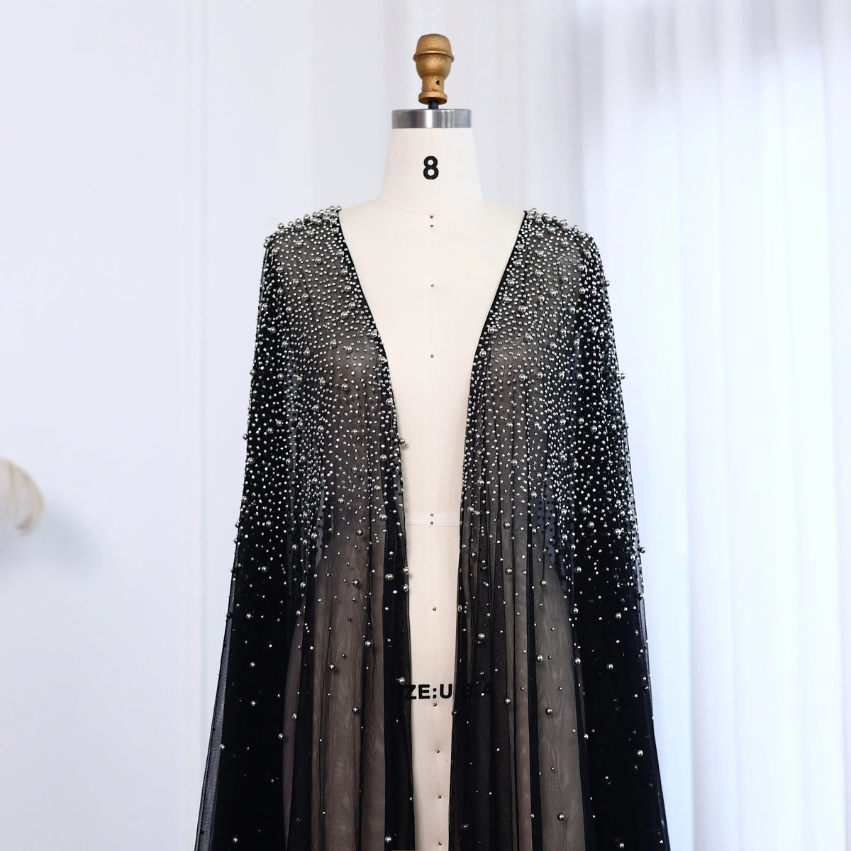 Elegant Black Beaded Long Cape Evening Dress SF082 
