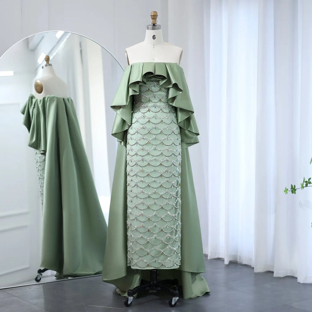 Luxury Sage Green Strapless Evening Dress with Cape SS383 - SHARONSAID Luxury Sage Green Strapless Evening Dress with Cape SS383 - SHARONSAID