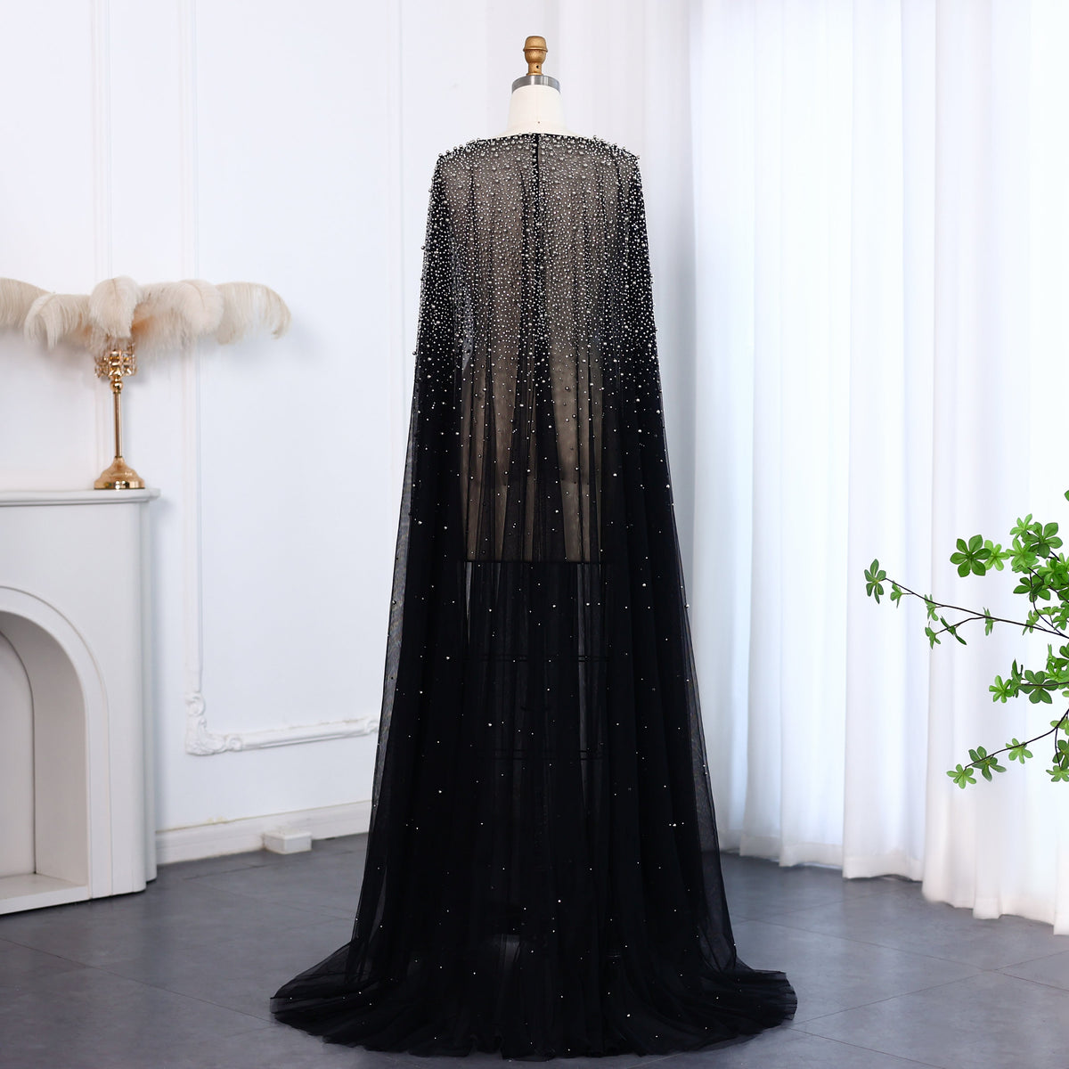 Elegant Black Beaded Long Cape Evening Dress SF082 