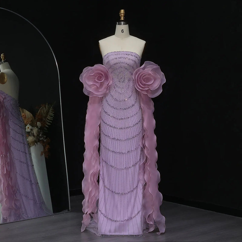 Luxury Lilac Strapless Evening Dress with 3D Flower Ruffles SS246 