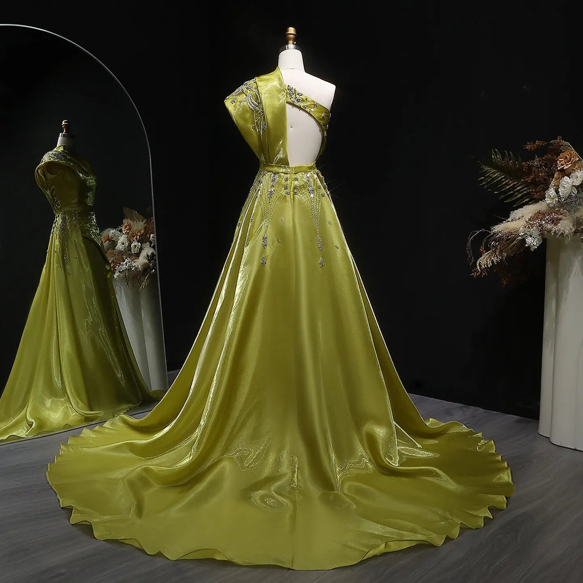 Glamorous Turquoise One-Shoulder Crystal Evening Dress with Overskirt SS600 