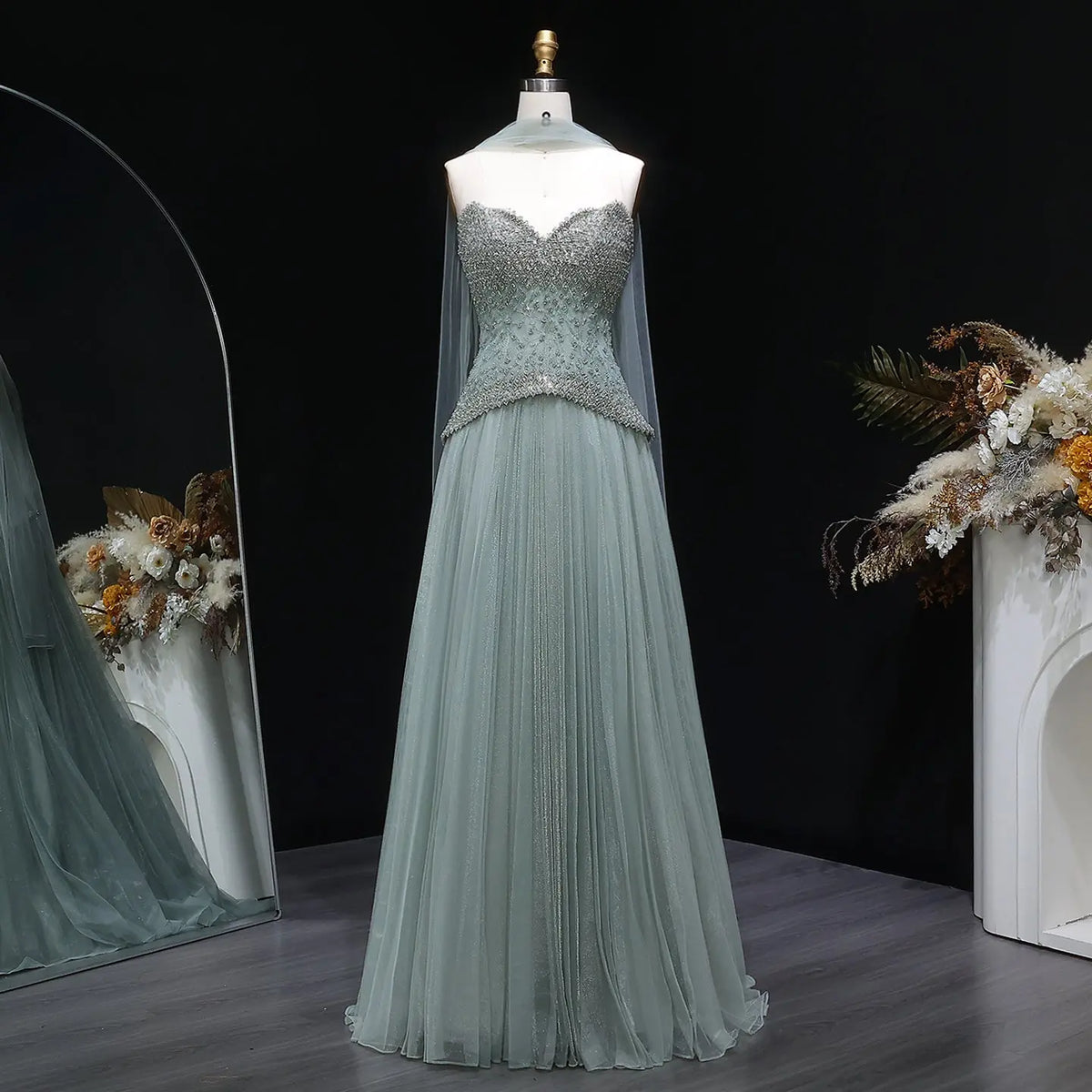 Luxury Sage Green Beaded A Line Evening Gown SS299