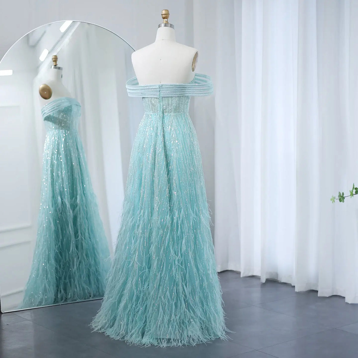 Final Sale Feathers Aqua Off Shoulder Evening Dress SS435 Final Sale Feathers Aqua Off Shoulder Evening Dress SS435
