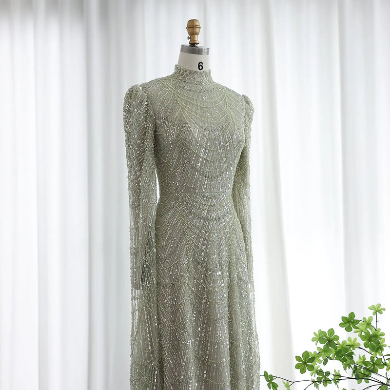 Luxury Sage Green Evening Dress with Cape Sleeves SS630 