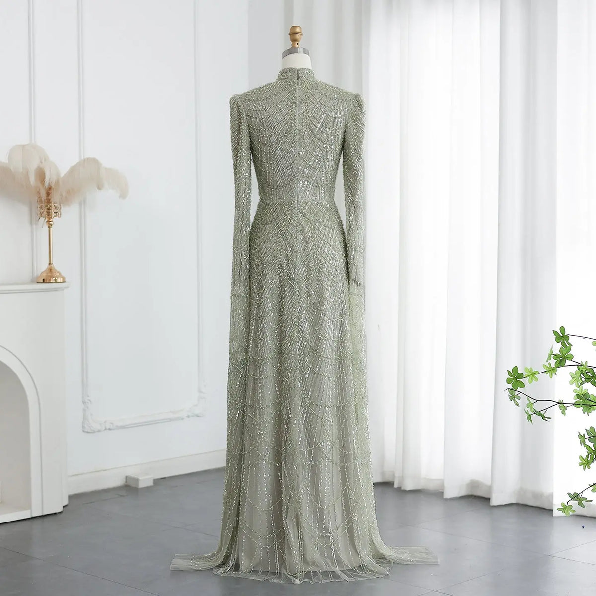 sage green formal dresses Luxury Beaded Long Sleeves Dress RM033 An ideal choice for both evening dresses and formal dresses Strapless Sage Green Floral Tulle