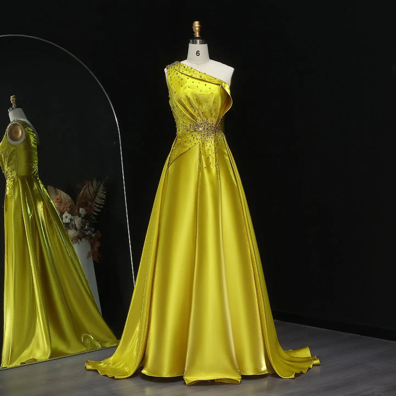 Vibrant Crystal Sequin Yellow Satin Evening Dress with Overskirt XD049 