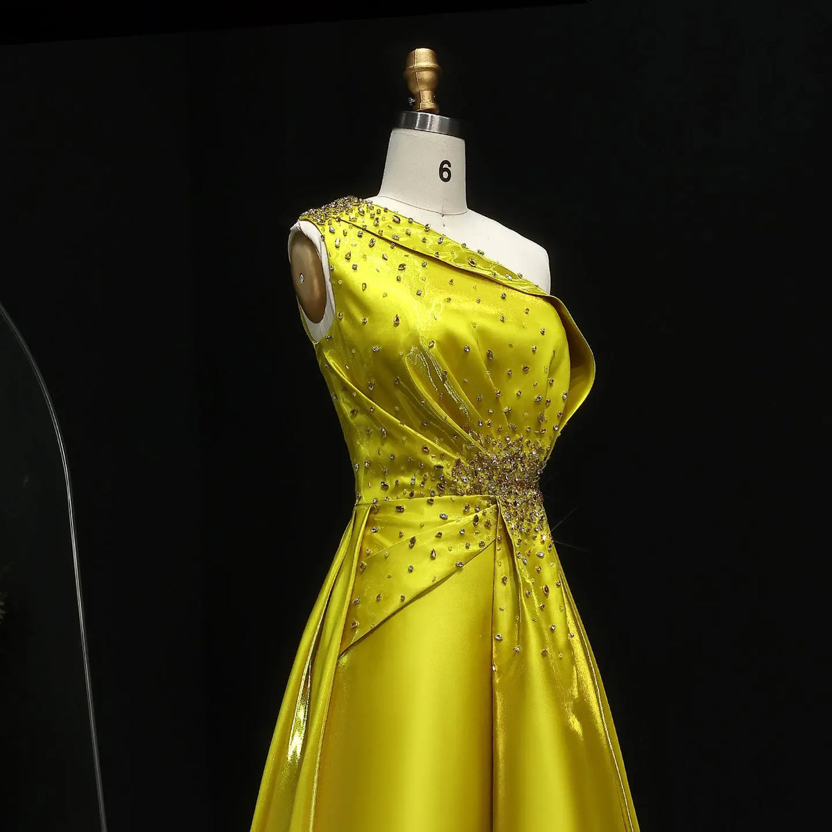 Vibrant Crystal Sequin Yellow Satin Evening Dress with Overskirt XD049 SHARONSAID Vibrant Crystal Sequin Yellow Satin Evening Dress with Overskirt XD049 SHARONSAID
