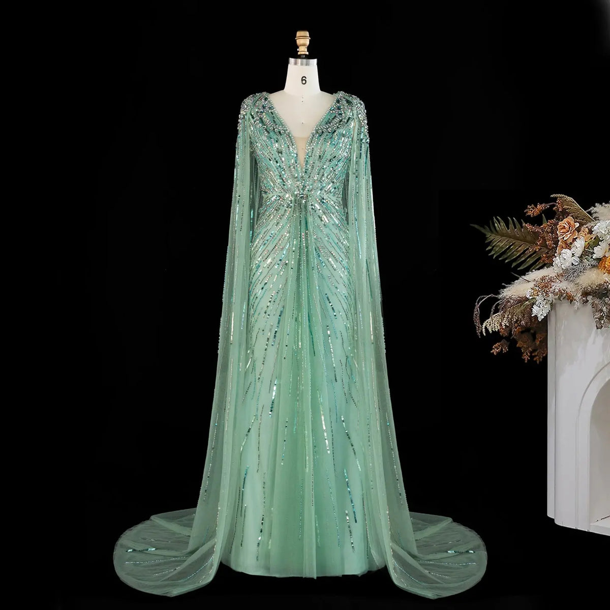 Dubai Green Cape Evening Dress with Gold Crystal SS399