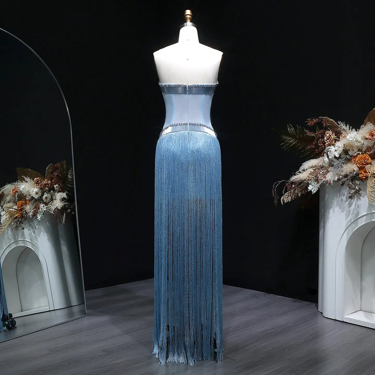 Elegant Blue Strapless Crystal Fringe Evening Dress SS520 