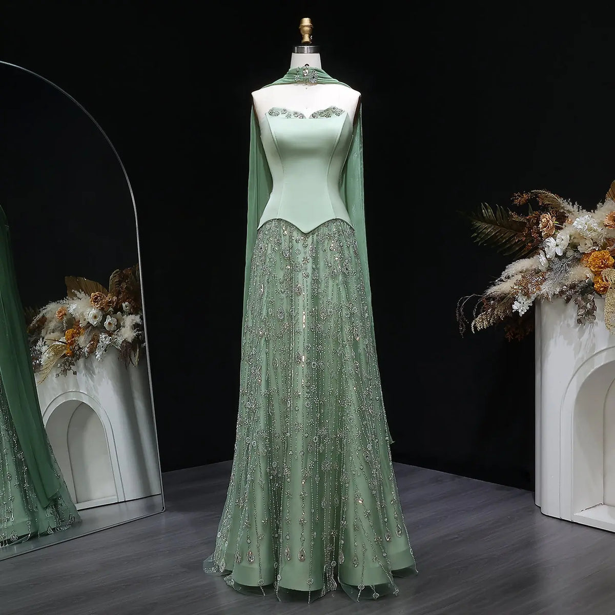 Luxury Vibrant Strapless Green Beaded Evening Dress with Scarf SS627 Luxury Vibrant Strapless Green Beaded Evening Dress with Scarf SS627