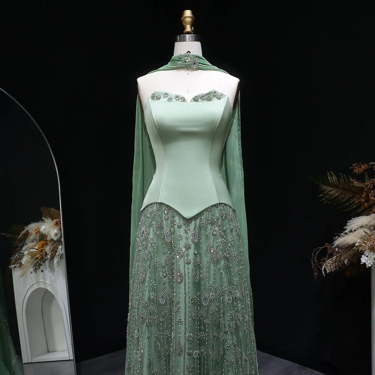 Luxury Vibrant Strapless Green Beaded Evening Dress with Scarf SS627 