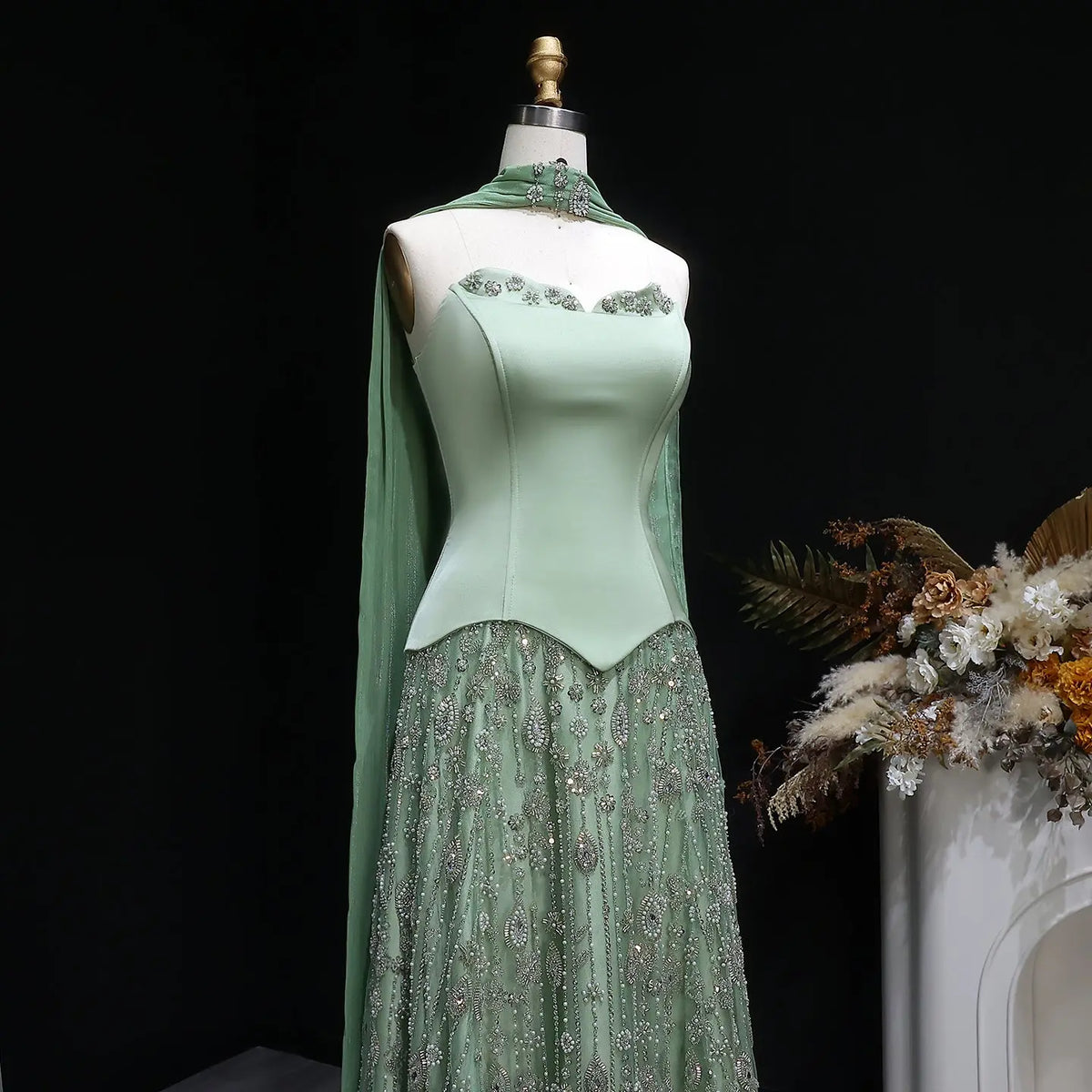 Luxury Vibrant Strapless Green Beaded Evening Dress with Scarf SS627 