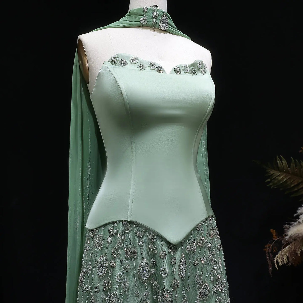 Luxury Vibrant Strapless Green Beaded Evening Dress with Scarf SS627 