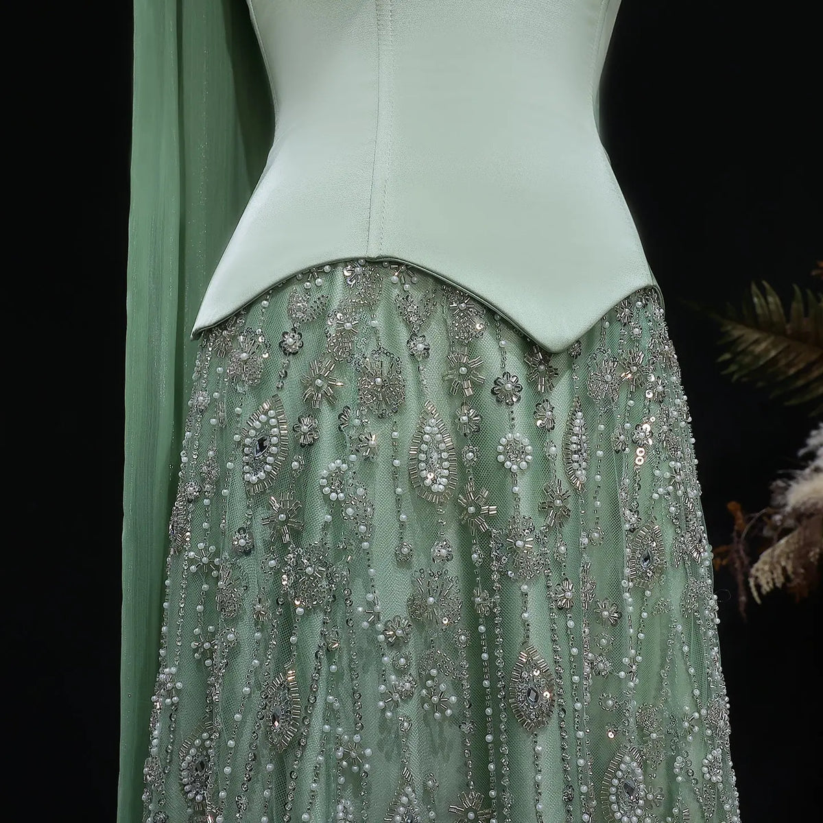 Luxury Vibrant Strapless Green Beaded Evening Dress with Scarf SS627 