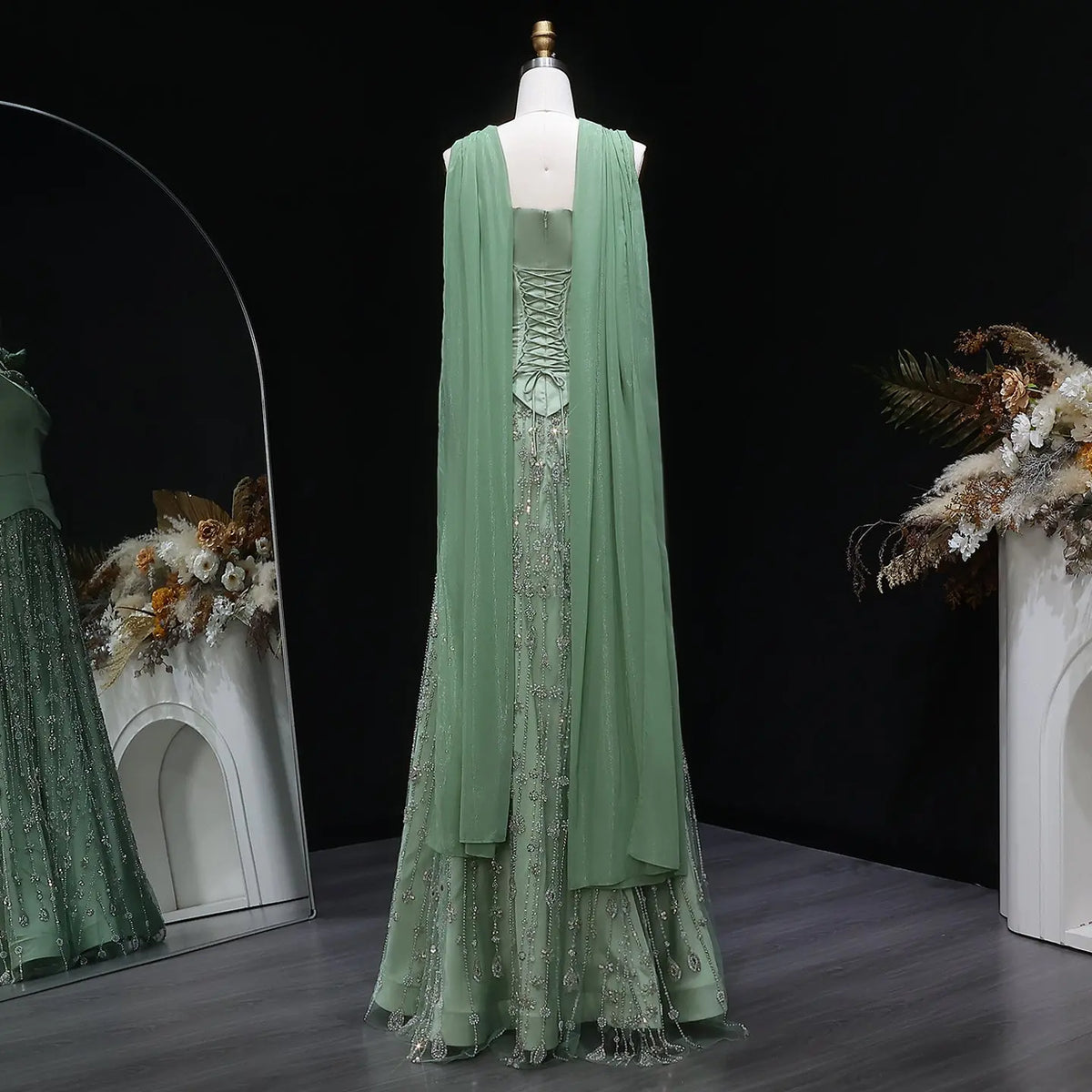 Luxury Vibrant Strapless Green Beaded Evening Dress with Scarf SS627 