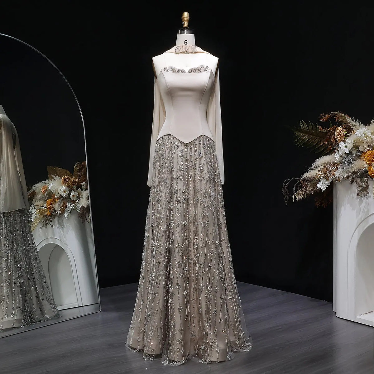 Luxury Vibrant Strapless Green Beaded Evening Dress with Scarf SS627 