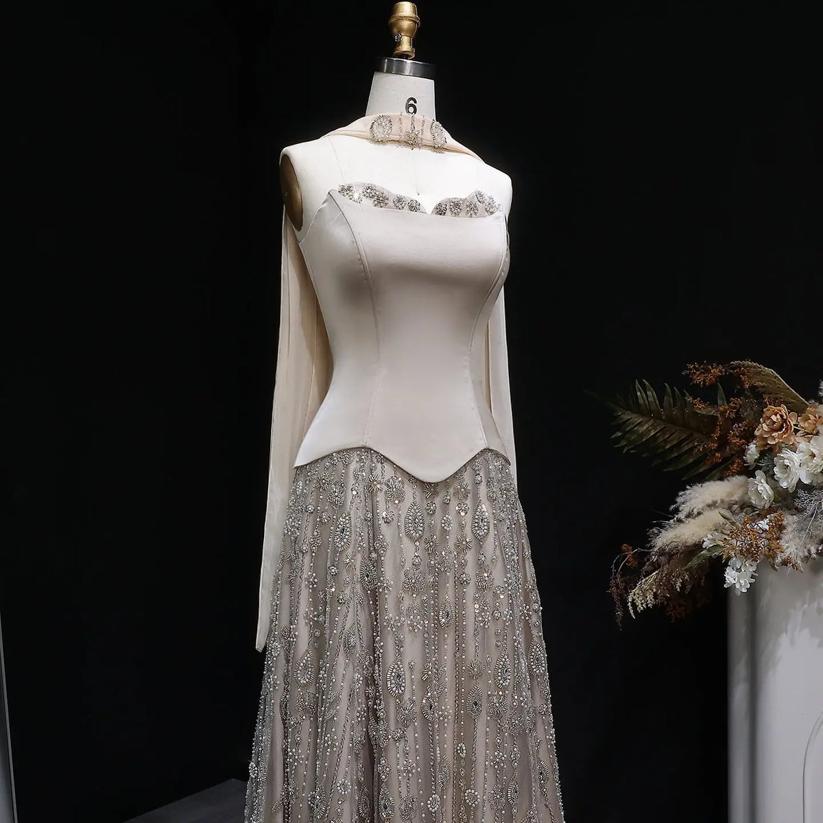 Luxury Vibrant Strapless Green Beaded Evening Dress with Scarf SS627 