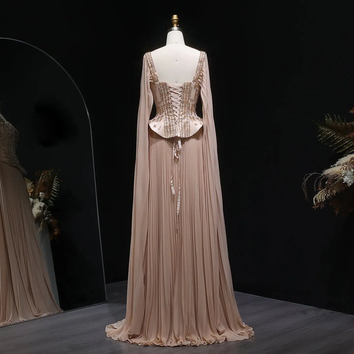 Luxury Red Beaded Corset Flowing Cape Sleeves Evening Dress SS349 Wine Red / 18 Luxury Red Beaded Corset Flowing Cape Sleeves Evening Dress SS349 Wine Red / 18
