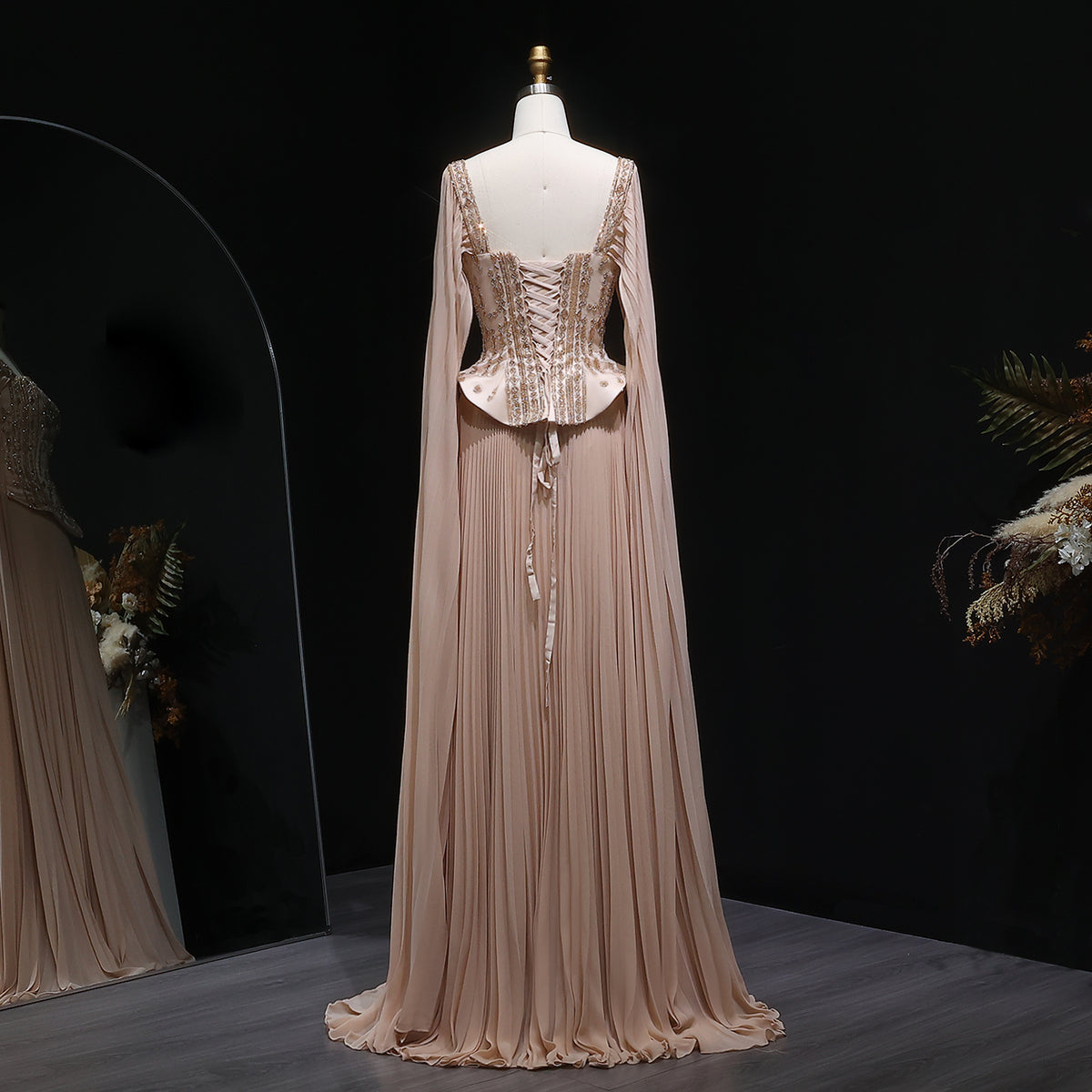 Elegant Wine Red Corset Evening Dress with Cape Sleeves SS349 