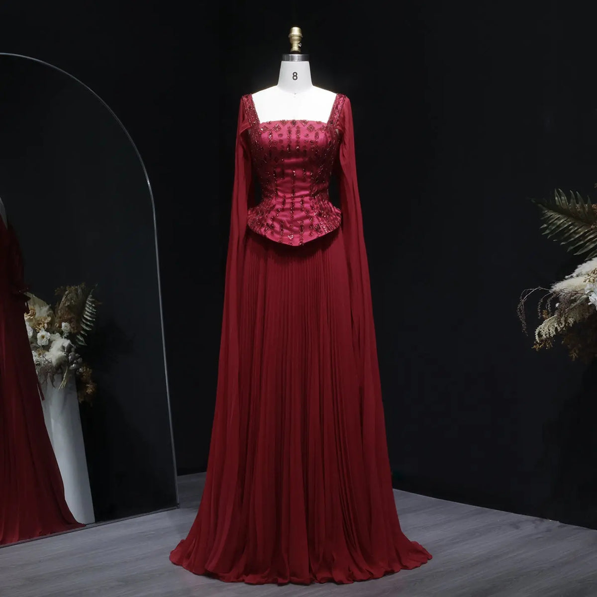 Luxury Red Beaded Corset Flowing Cape Sleeves Evening Dress SS349 Wine Red / 18 Luxury Red Beaded Corset Flowing Cape Sleeves Evening Dress SS349 Wine Red / 18