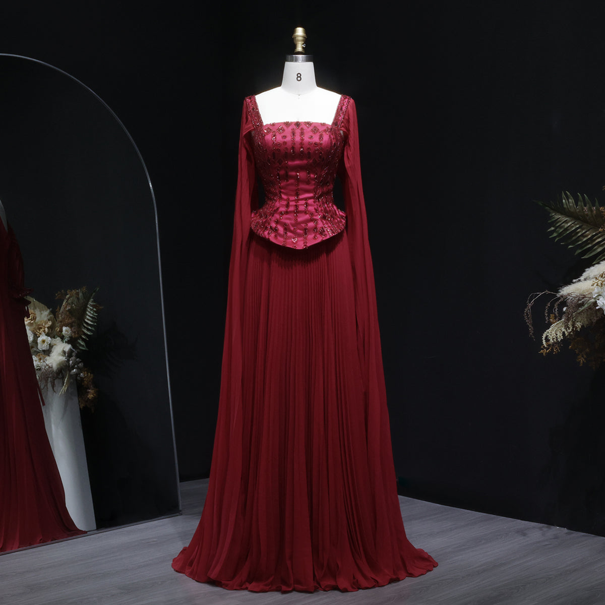 Elegant Wine Red Corset Evening Dress with Cape Sleeves SS349 