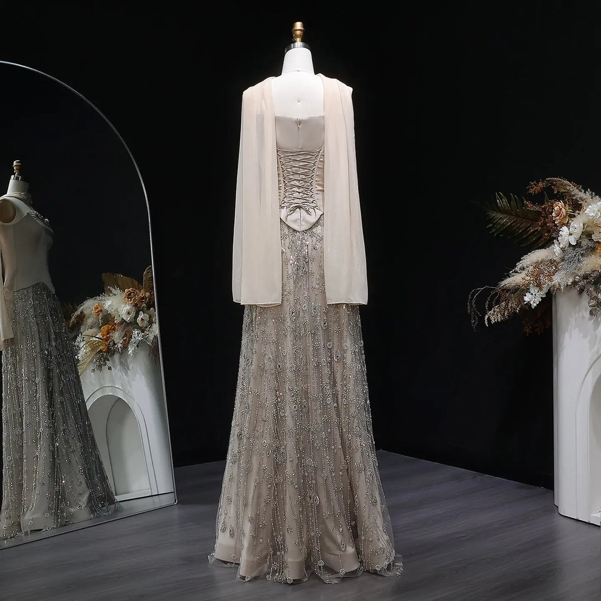 Luxury Vibrant Strapless Green Beaded Evening Dress with Scarf SS627 