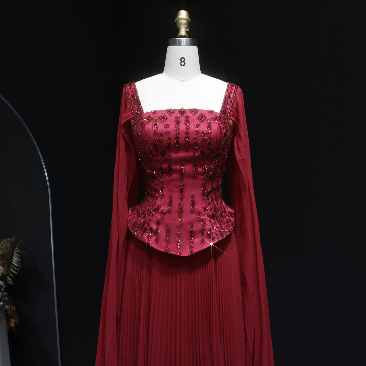 Elegant Wine Red Corset Evening Dress with Cape Sleeves SS349 