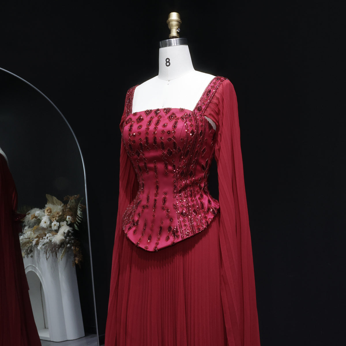 Elegant Wine Red Corset Evening Dress with Cape Sleeves SS349 