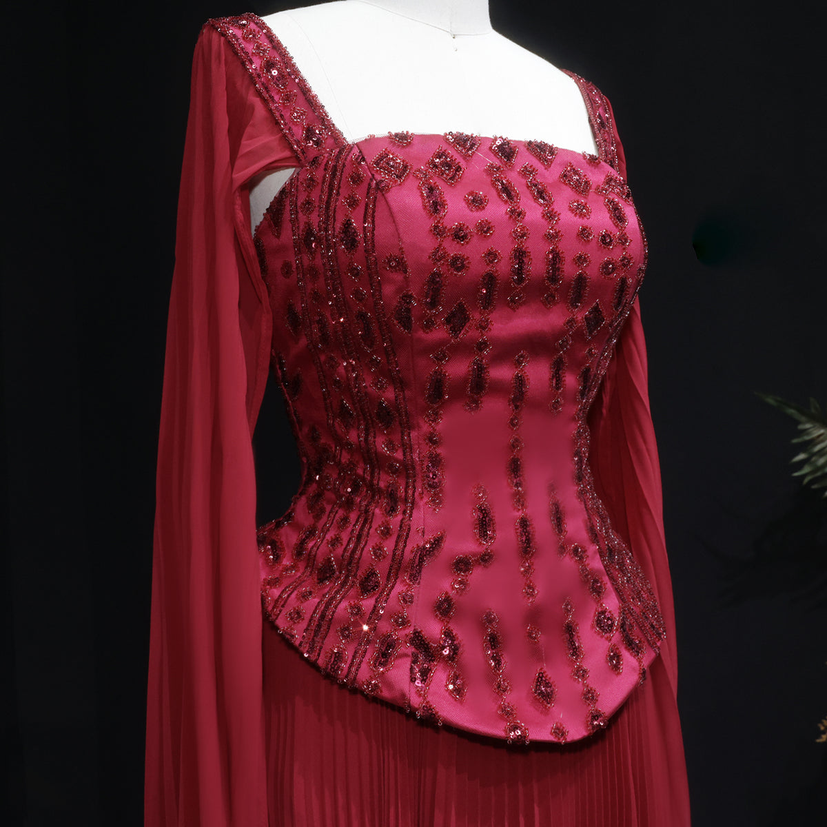 Elegant Wine Red Corset Evening Dress with Cape Sleeves SS349 