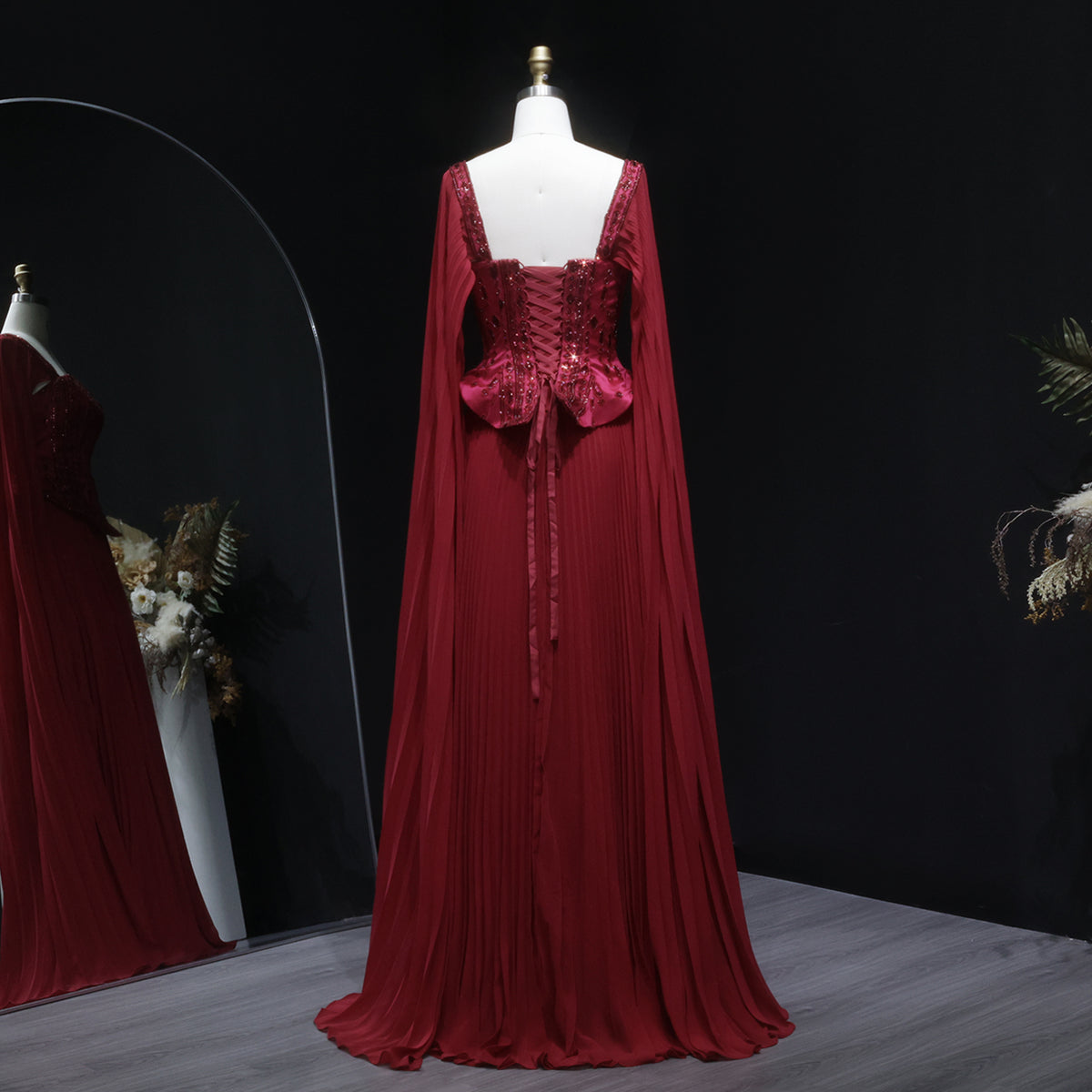 Elegant Wine Red Corset Evening Dress with Cape Sleeves SS349 