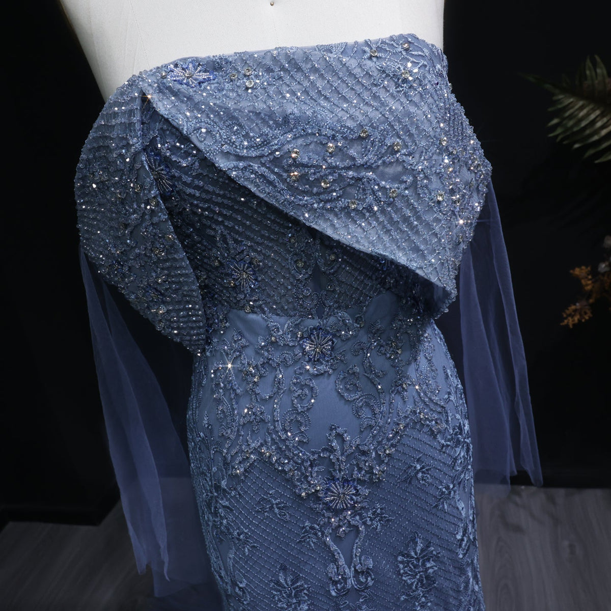 Luxury Blue Off Shoulder Beaded Arabic Evening Dress SS083