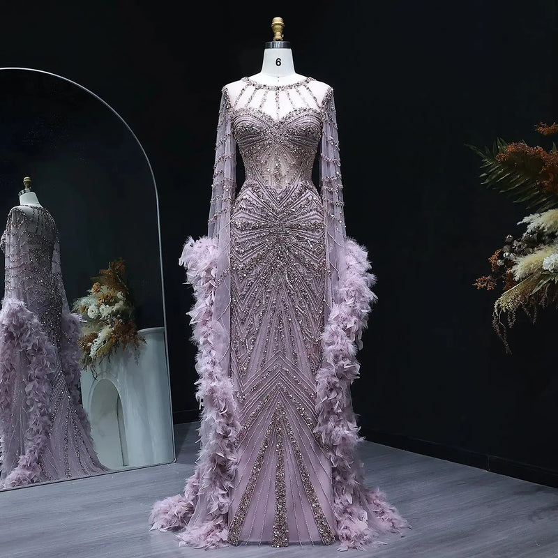 Luxury Beaded Evening Dress with Feather Cape Sleeves SS082 