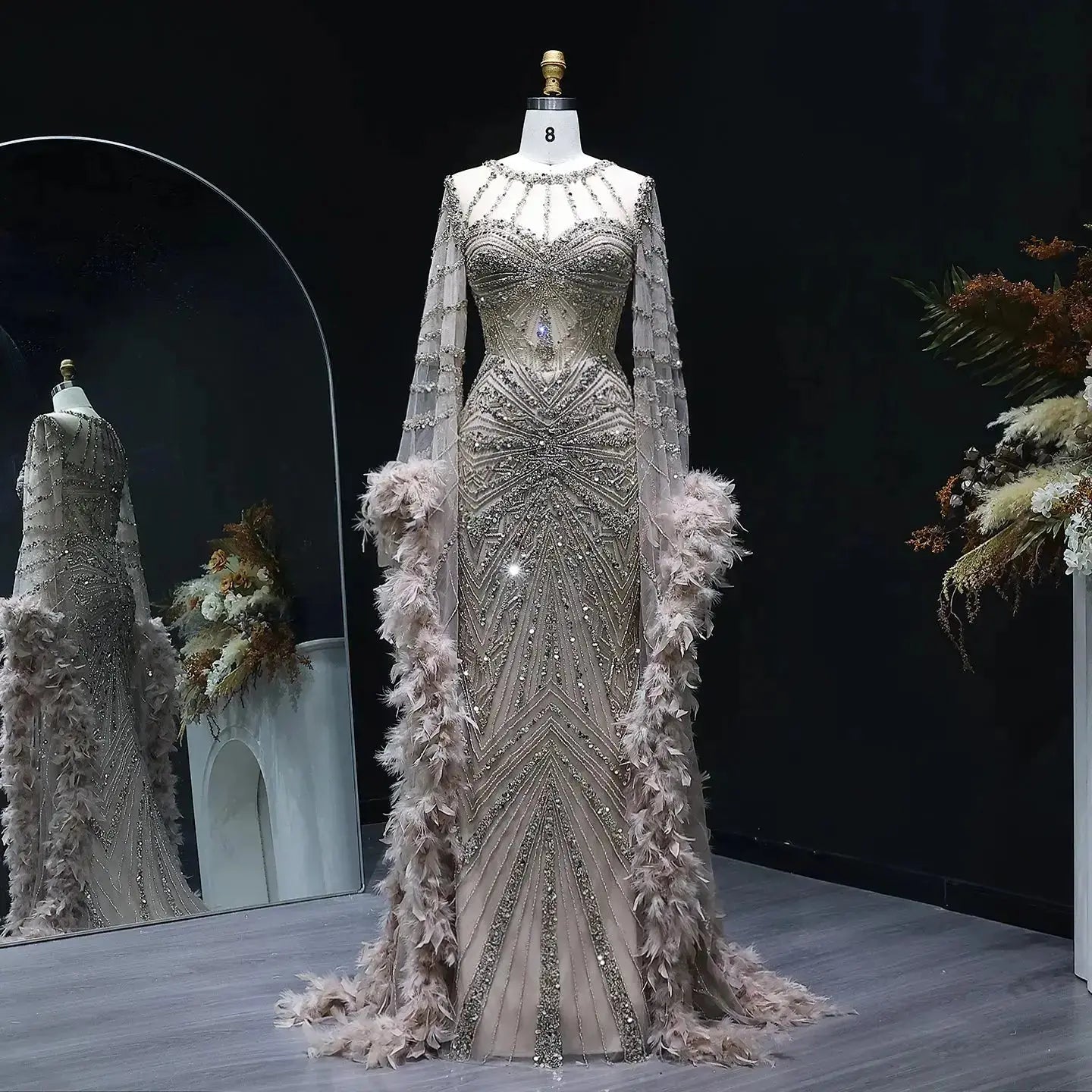 Luxury Beaded Evening Dress with Feather Cape Sleeves SS082