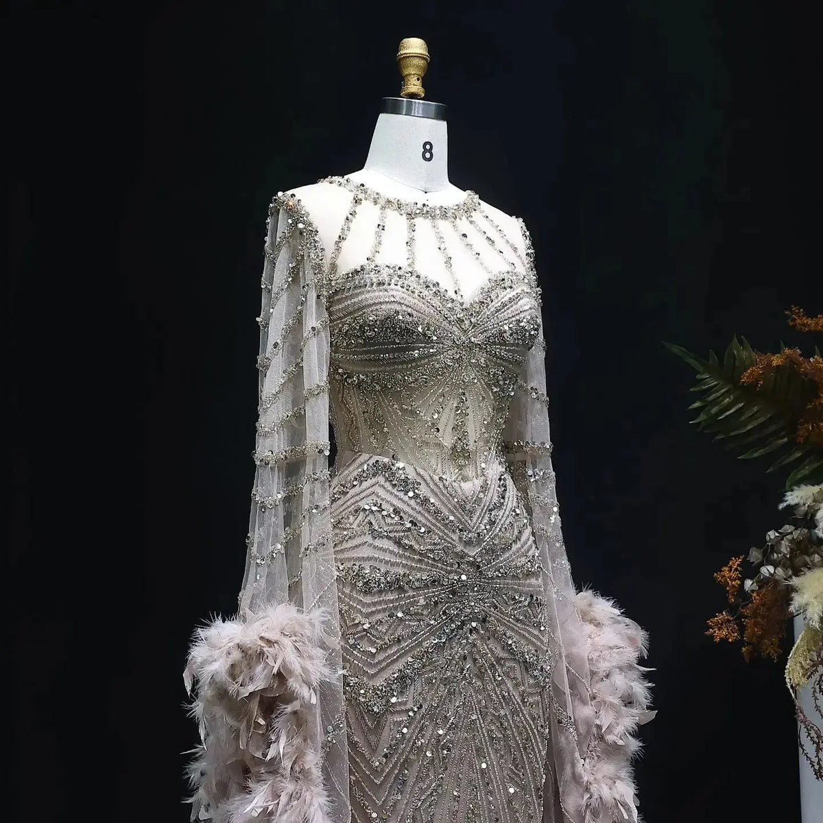 Luxury Beaded Evening Dress with Feather Cape Sleeves SS082 Luxury Beaded Evening Dress with Feather Cape Sleeves SS082