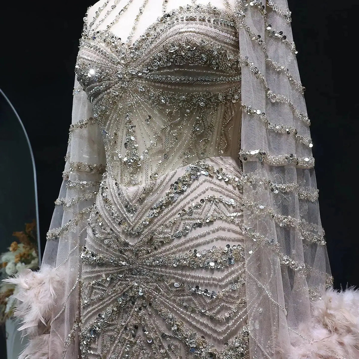 Luxury Beaded Evening Dress with Feather Cape Sleeves SS082 Luxury Beaded Evening Dress with Feather Cape Sleeves SS082