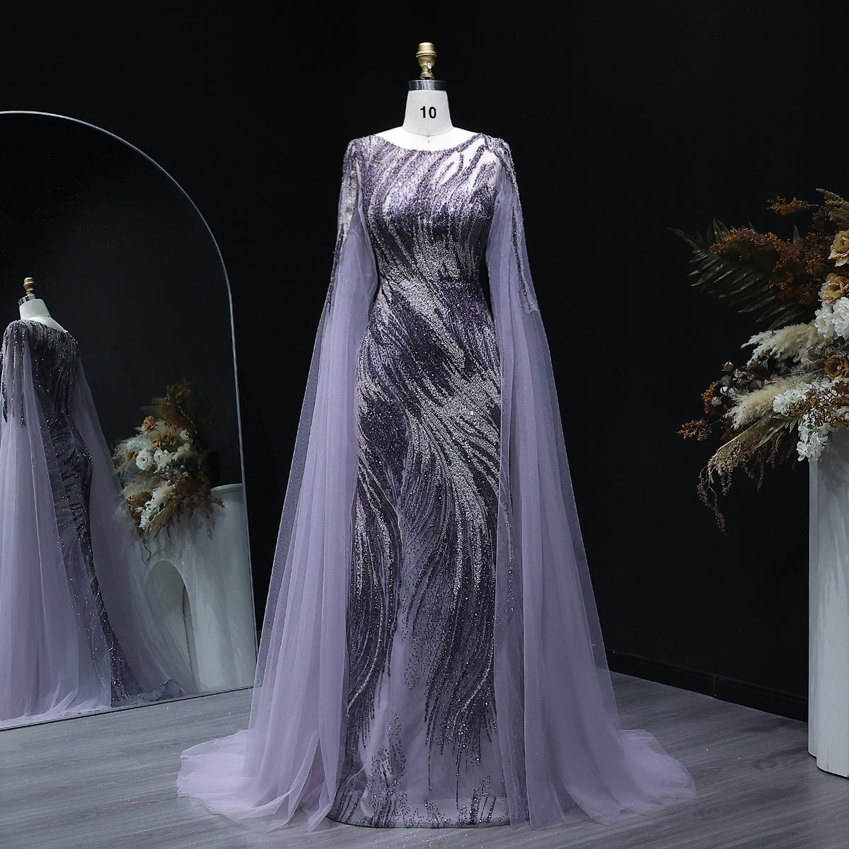 Luxury Purple Evening Dress with Cape Sleeves SS051