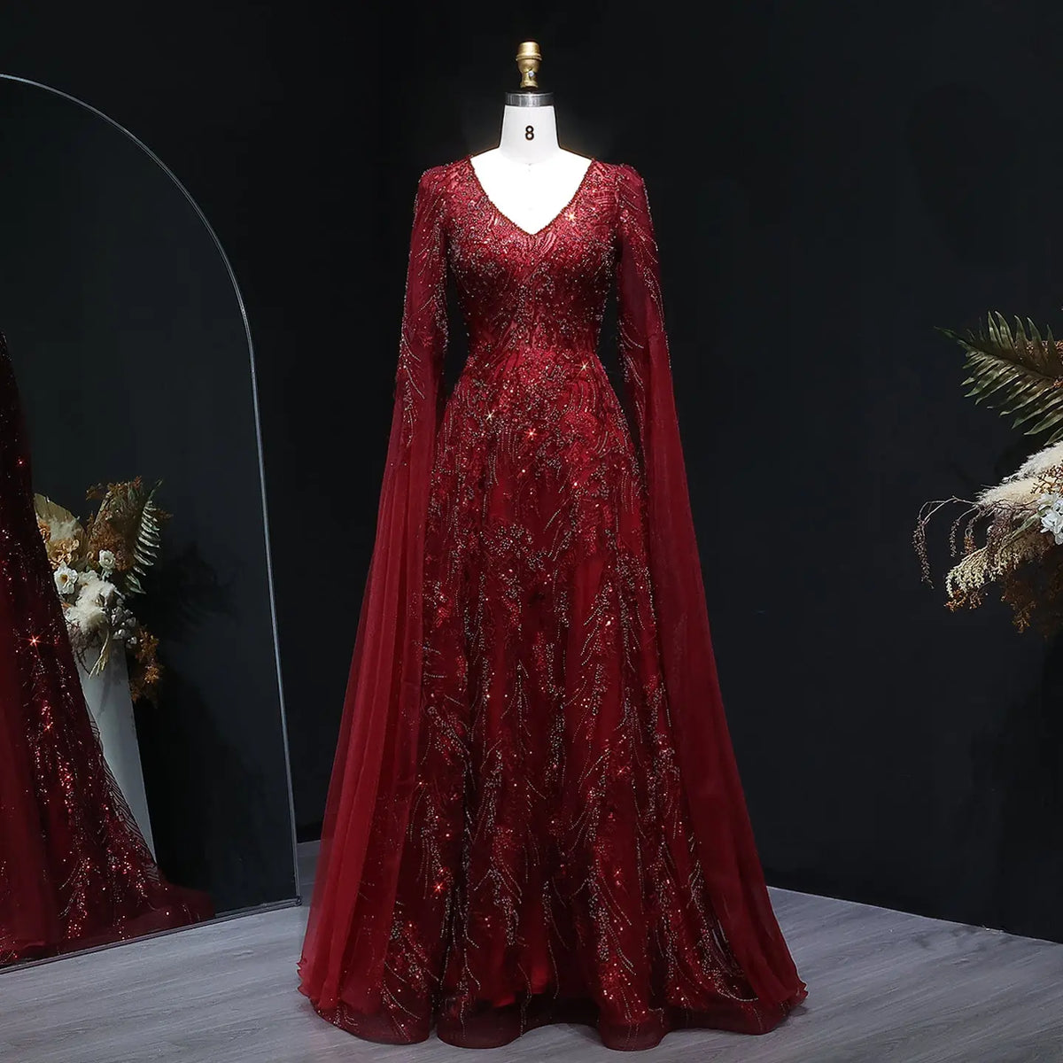 Elegant Crystal Wine Red Mermaid Evening Dress with Cape Sleeves SS093 Elegant Crystal Wine Red Mermaid Evening Dress with Cape Sleeves SS093