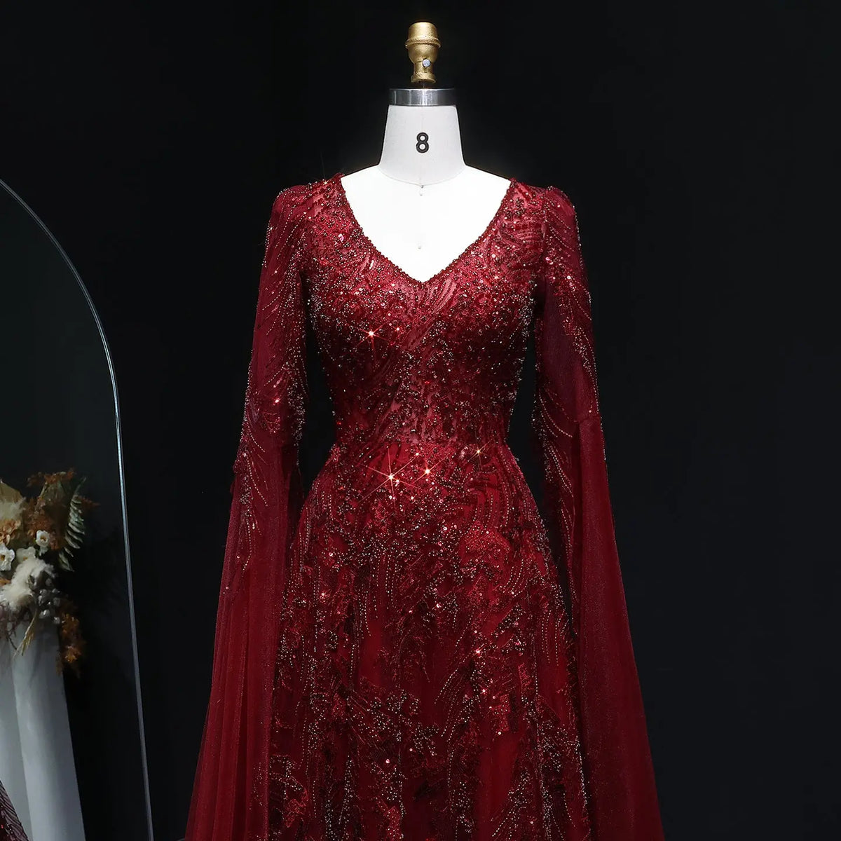 Elegant Crystal Wine Red Mermaid Evening Dress with Cape Sleeves SS093 