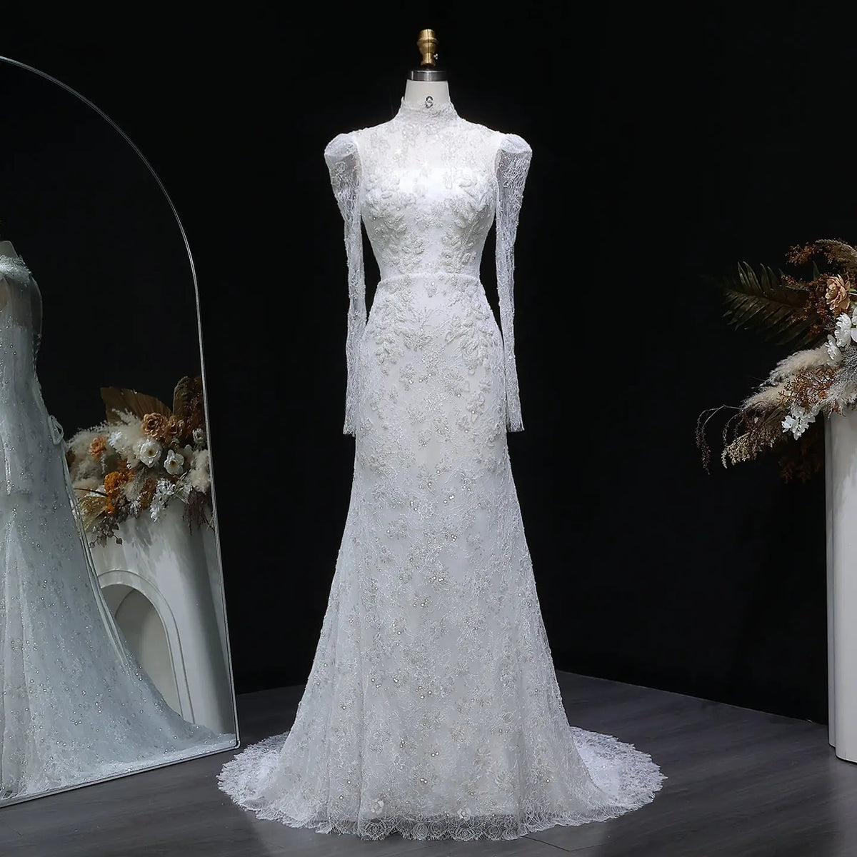 Elegant Printed Crystal Sheer Lace Mermaid Wedding Dress SW539 