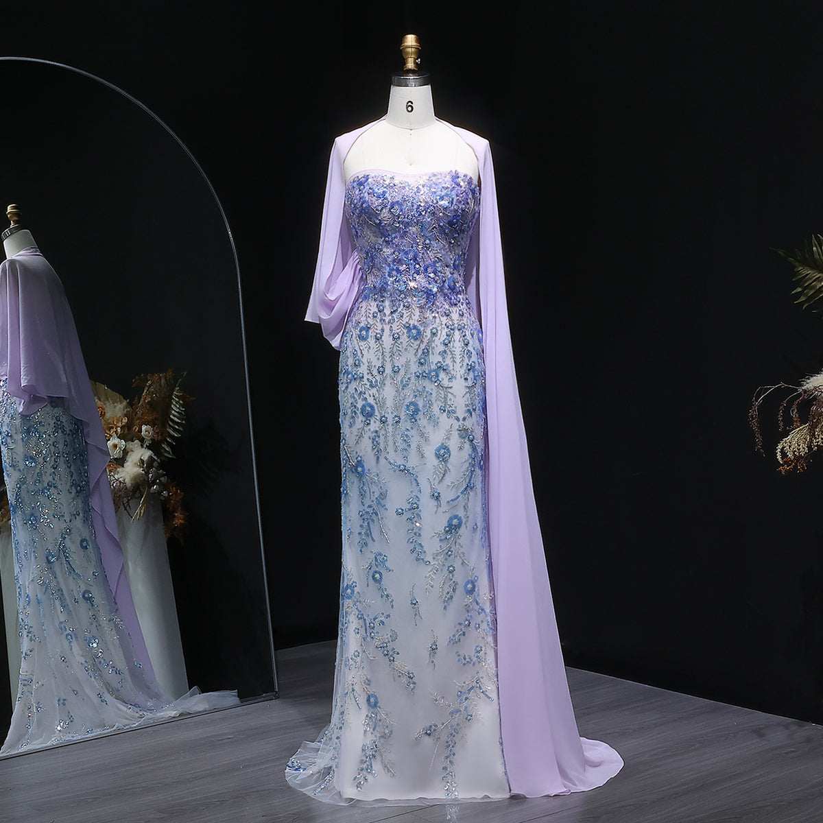 Luxury Crystal Beaded Lilac Evening Dress with Cape SS641 