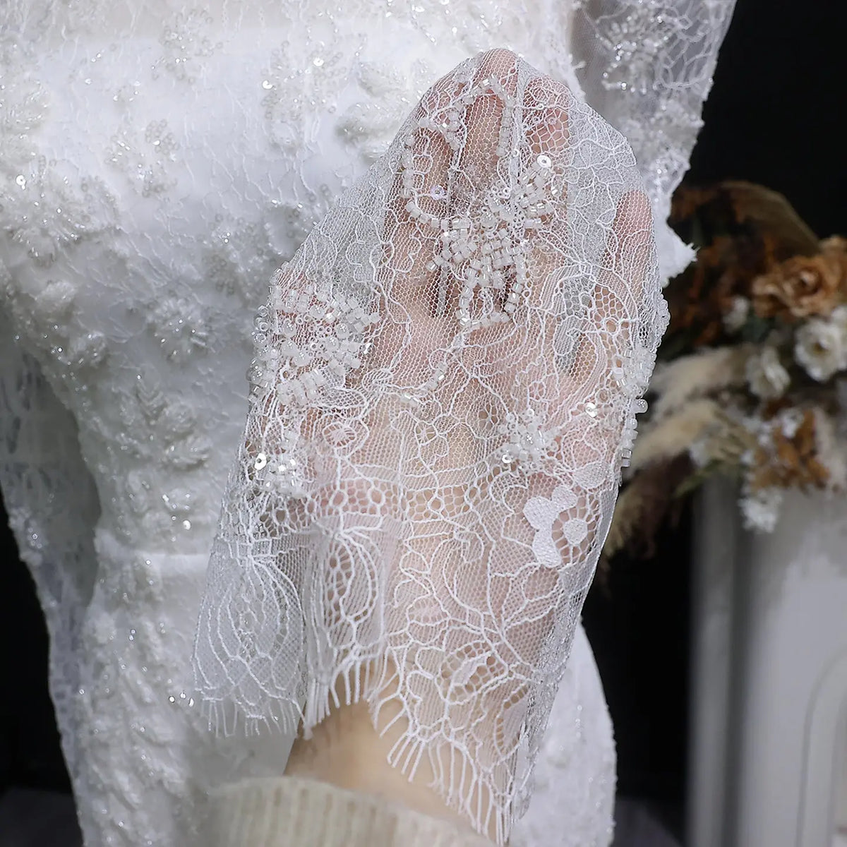 Elegant Printed Crystal Sheer Lace Mermaid Wedding Dress SW539 