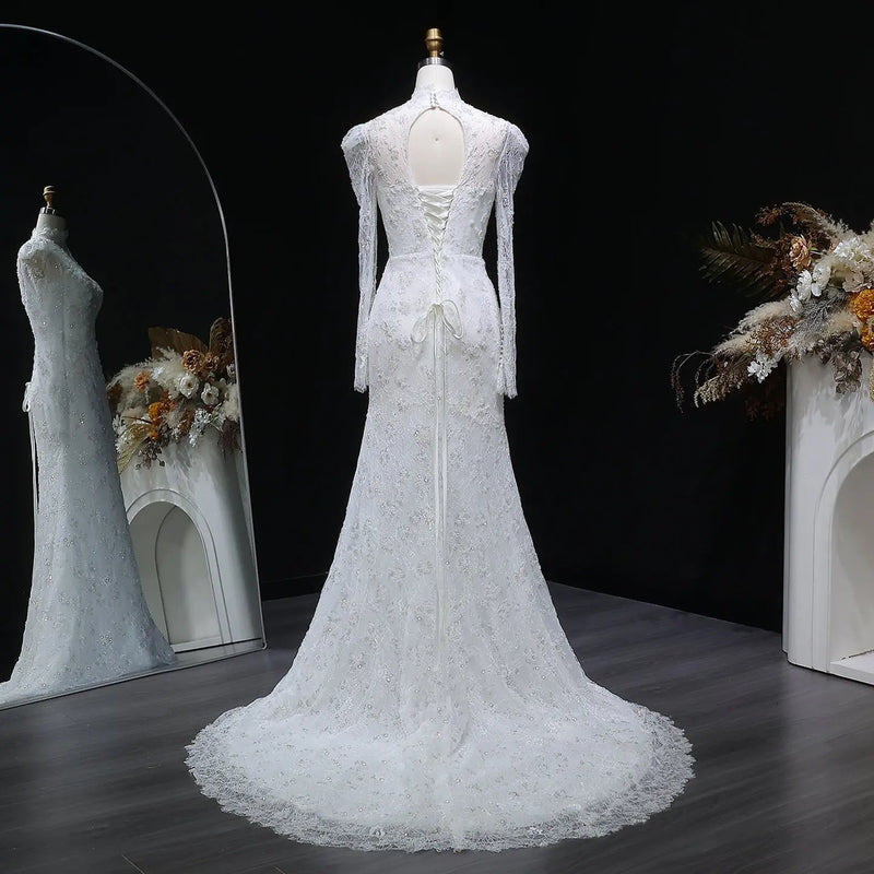 Elegant Printed Crystal Sheer Lace Mermaid Wedding Dress SW539 