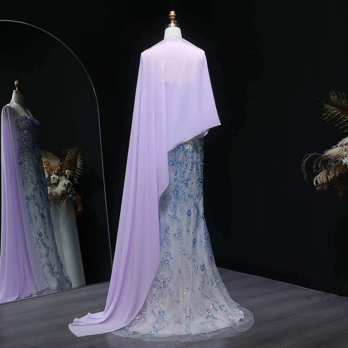 Luxury Crystal Beaded Lilac Evening Dress with Cape SS641 