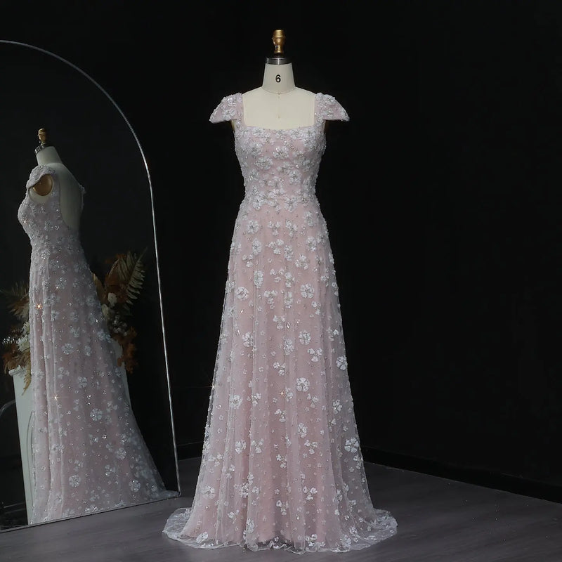 Square Neck Chic Pink Floral Evening Dress SS602 