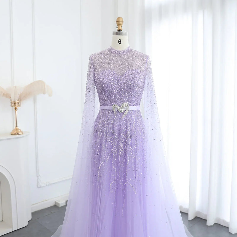 Luxury Blue High Neck Evening Dress with Cape Sleeves SS451 