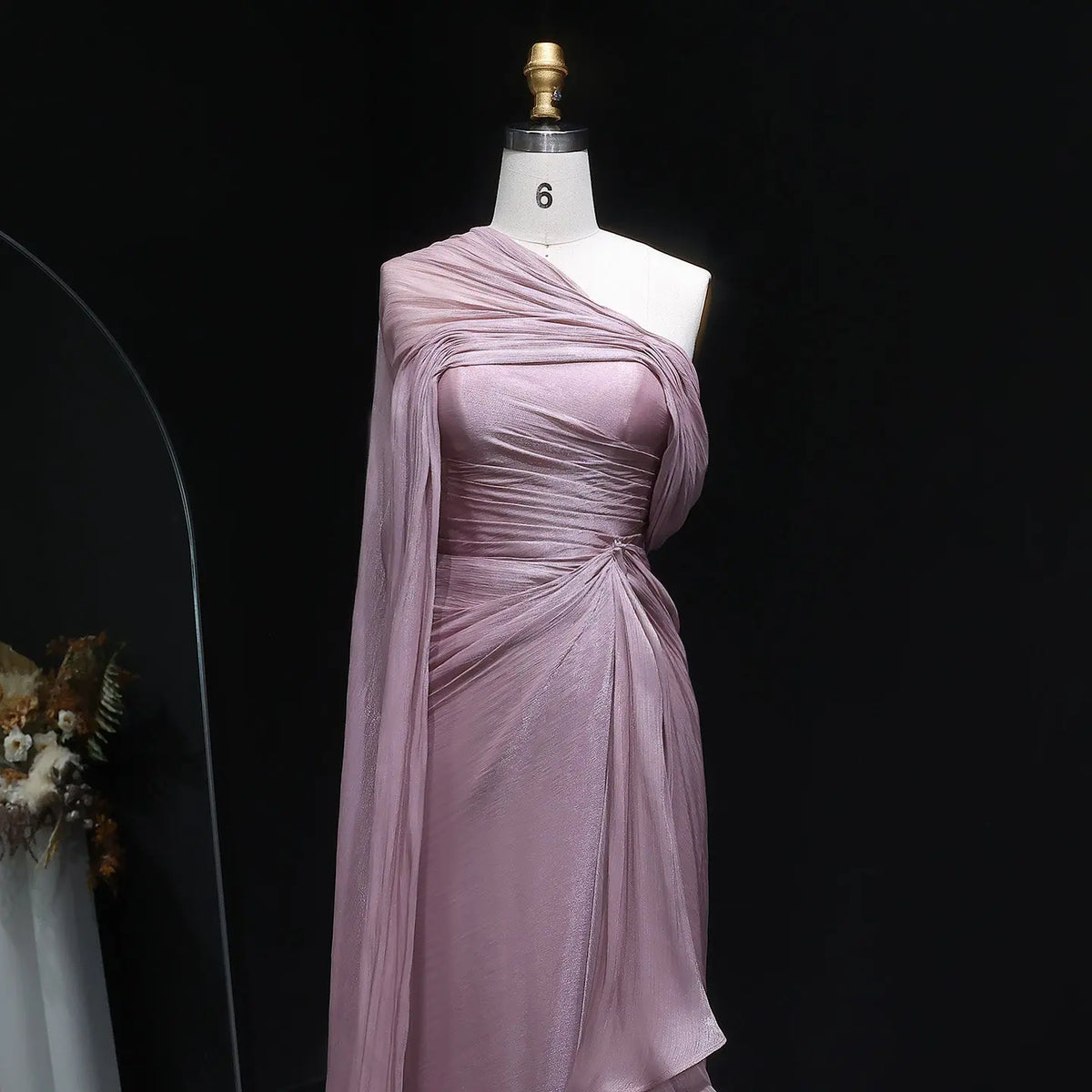 Dusty Pink One-Shoulder Cape Evening Dress SF199