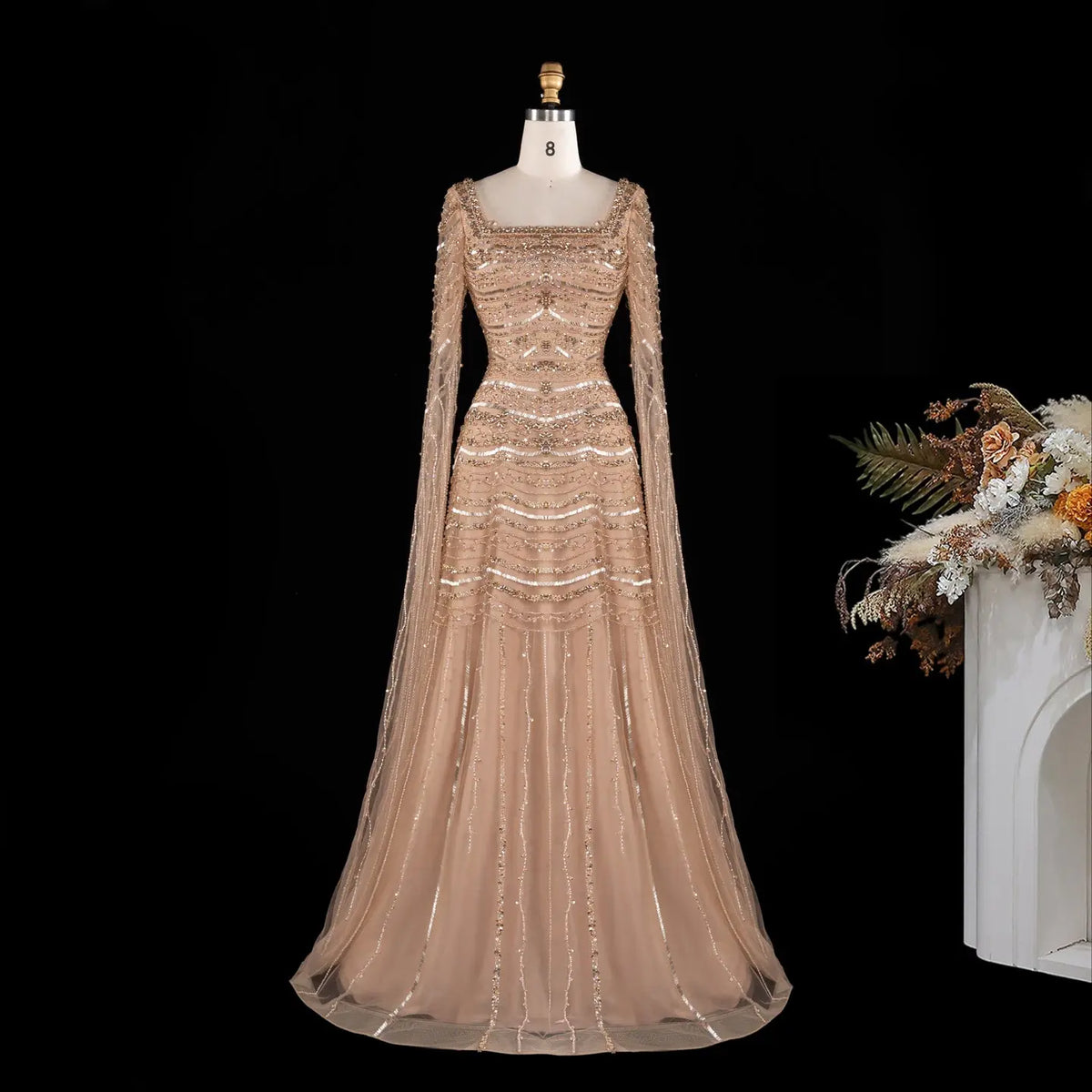 Luxury Beaded Caramel Evening Dress with Cape Sleeve SS591